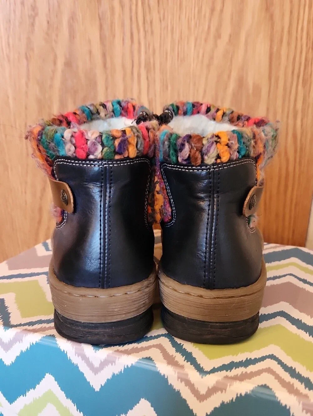 Rieker Navy Leather Ankle Boots with Multicolor Knit Cuff
